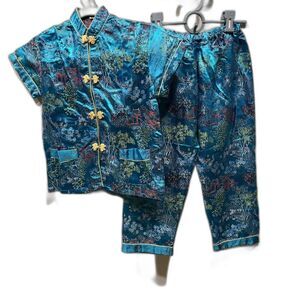 Vintage Oriental Girls Costume sz 10 Blue Satin Top Pants Bag Asian Dress-Up
